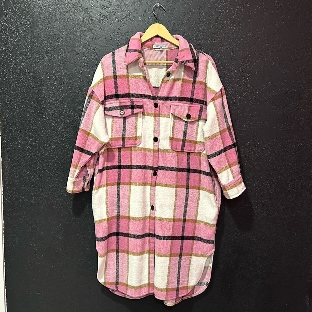 MISS SPARKLING Pink/White Plaid Shacket Jacket Size M